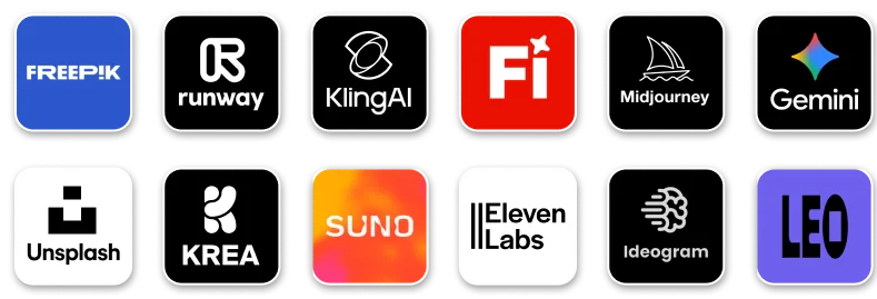 Runway, Midjourney, Freepik, ElevenLabs, Kling, Gemini, Suno, Krea, Ideogram, Leonardo and more