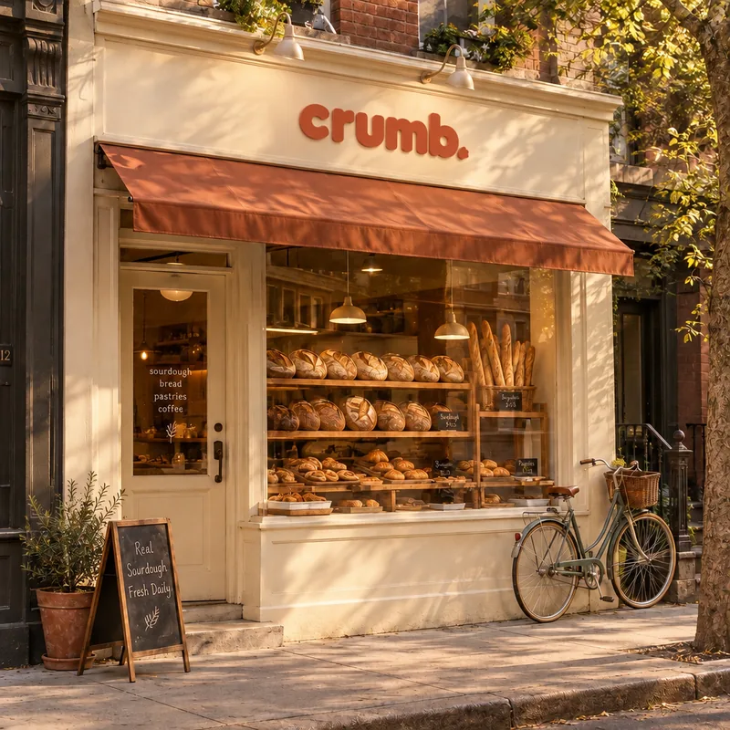 Crumb bakery storefront in morning light, with the logo on the sign, a terracotta awning, loaves in the window and a bicycle by the door
