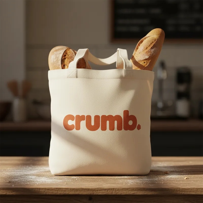 Cream canvas tote bag with the Crumb logo, filled with sourdough and a baguette on a bakery counter
